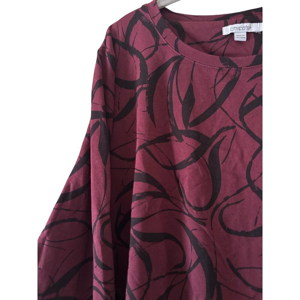 Chico’s Size 3 XL Burgundy Black Abstract Print Long Sleeve Knit Top Stretch - Picture 6 of 10